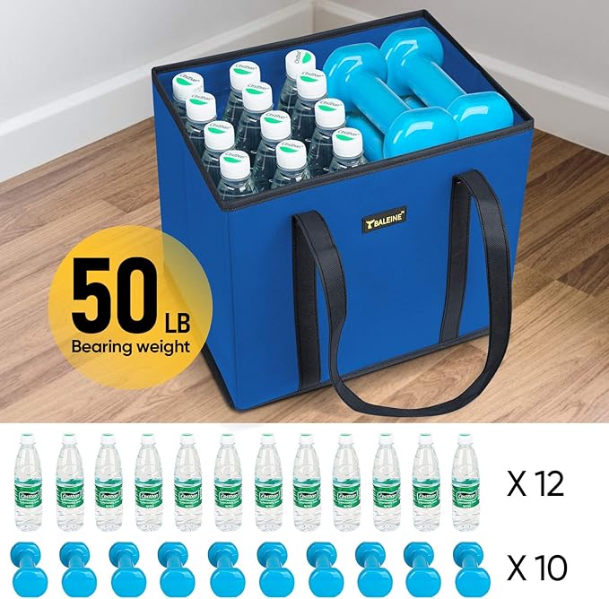 BALEINE 3Pk Reusable Grocery Bags, Foldable Shopping Bags for Groceries with Reinforced Bottom & Handles (Blue)