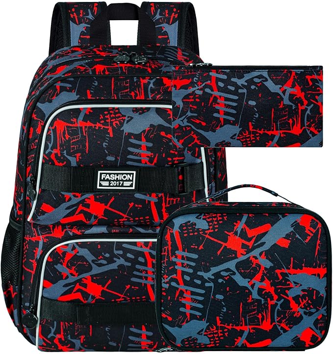 3Pcs Backpack for Girls Boys, 17 Inch School Bookbag with Lunch Box, Durable Laptop Backpacks Set for Teens College