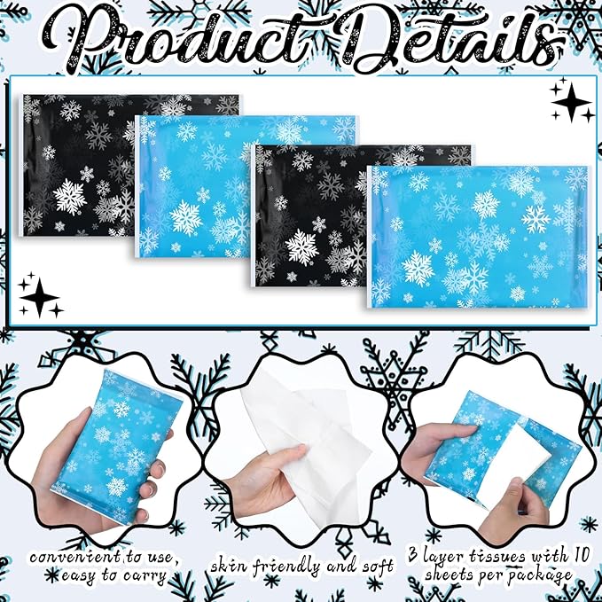 50 Pack Winter Snowflake Pocket Tissues Individual Packs Bulk 3 Ply Blue and Black Wallet Travel Facial Tissues for Winter Party Supplies