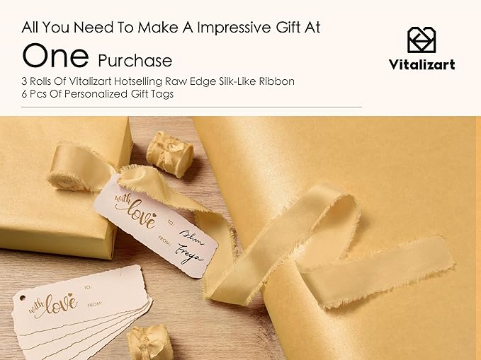 Vitalizart Gold Wrapping Paper Set 30" Pearly-Lustre With Silk Like Satin Ribbon & Gift Tags Recyclable Eco-Friendly Christmas Gift Wrapping Birthday Baby Shower Wedding Handmade Crafts 197"(16.4 Ft)