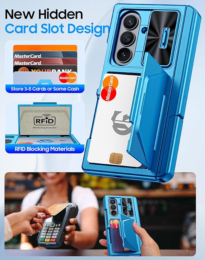 for Samsung Galaxy Z Fold 7 Case with Card Holder RFID Blocking, Built in Slide Lens Cover & Hinge Protection & Kickstand & Screen Protector, Shockproof Wallet Case for Z Fold 7 (Lake Blue)