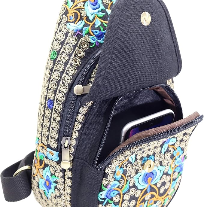SILKAREA Embroidered Boho Small Sling Bag for Women Travel Chest Bag Crossbody Backpack Purse Shoulder Bag (Blue)