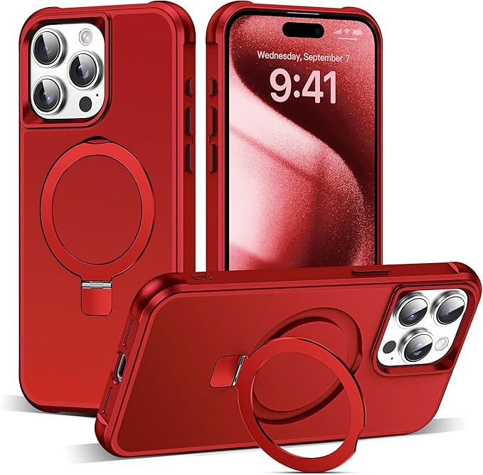 Compatible with iPhone 15 Pro Max Case with Invisible Magnetic O-Ring Stand Military-Grade Case for iPhone 15 ProMax 6.7" [Compatible with Mag-Safe][Great Grip Feeling], Red