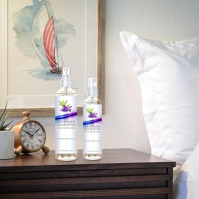 Two Pack Lavender Eucalyptus Pillow and Linen Spray, Best Set for Travel and Home, Strong Essential Oil Mist for Relaxing the Body and Mind (Lavender Eucalyptus, 4oz/8oz)