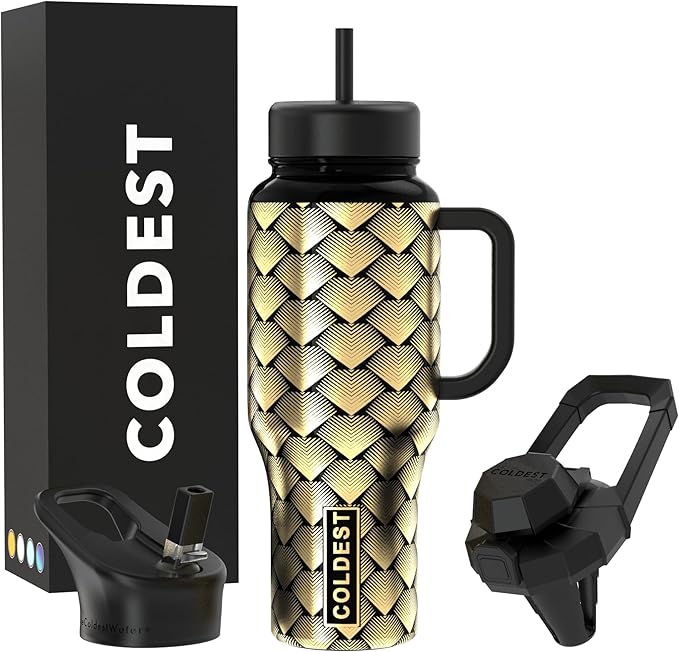 Coldest Tumbler with Handle and Straw - 100% Leak Proof Insulated Tumbler with Lid and Straw (3 Lids) - Stainless Steel Tumblers for Women & Men - Cup Holder Friendly Base, 36 oz (Gold Dragon)
