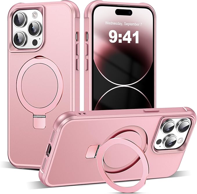 Compatible with iPhone 14 Pro Max Case with Invisible Magnetic O-Ring Stand Military-Grade Case for iPhone 14 ProMax 6.7" [Compatible with Mag-Safe][Great Grip Feeling], Rose Gold