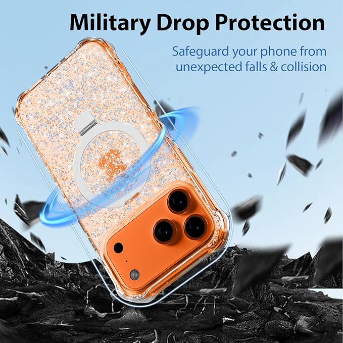 Magnetic for iPhone 17 Pro Case with Invisible Stand, Compatible with MagSafe, Clear Bling Sparkle Shockproof Slim Anti-Slip Military Drop Protection Hard Phone Case 6.3" Glitter Silver