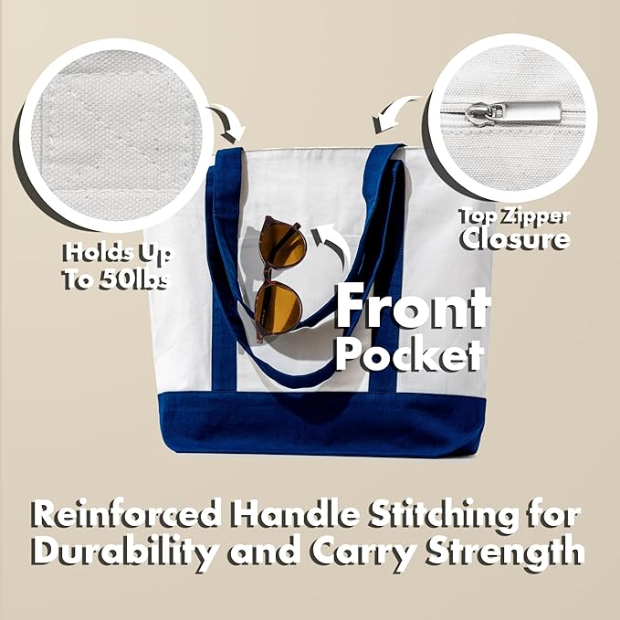 Carrywell |Not Made in China| 3 Pack Cotton Tote Bags, Reusable Grocery Shopping Bag with Zipper Closure and Front Pocket, Heavy Duty Organic Cloth w/Handles