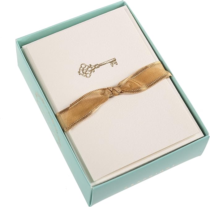 Graphique Key La Petite Presse Boxed Notecards - 10 Embossed and Embellished Gold Foil Vintage Key Blank Cards with Matching Envelopes, 3.25" x 4.75" (L1543CB)