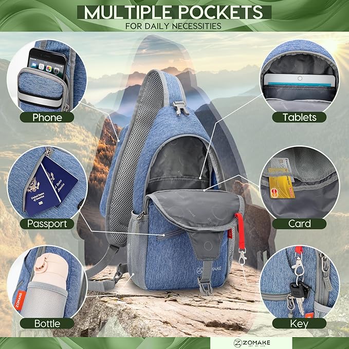 ZOMAKE Sling Bag,Small Crossbody Sling Backpack,Water Resistant Shoulder Daypack for Travel,Anti Thief Chest Bag for Hiking(Light Blue)