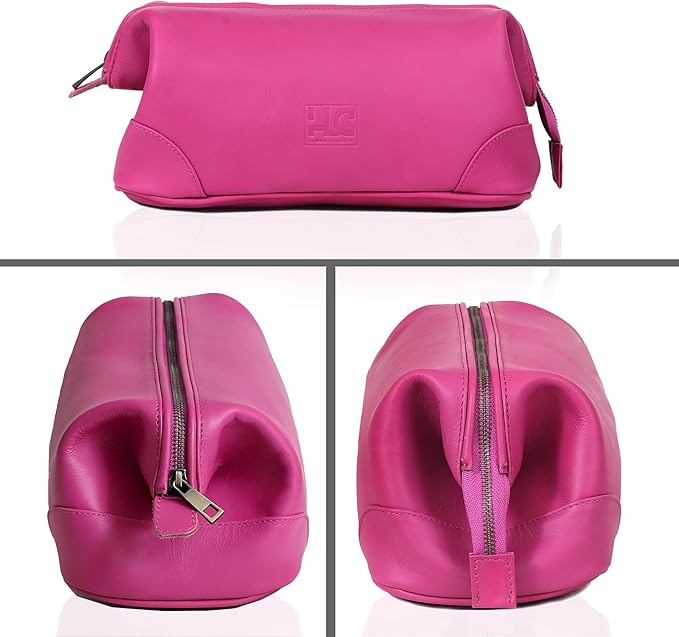 HLC Leather Toiletry Bag for Men - Best Gift for Men - Premium Genuine Leather Dopp Kit Shaving Kit Organizer Travel Kit Pouch Bag for Men - Large Size (pink)