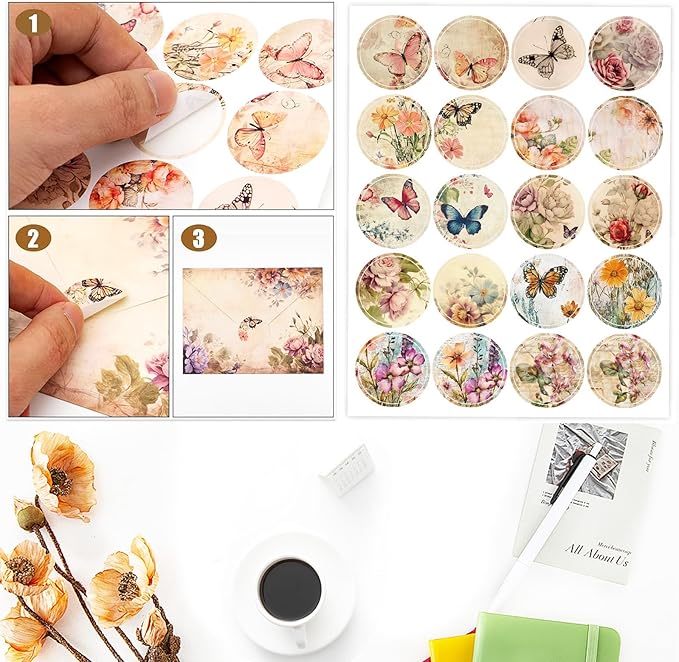 160 Pcs Stationery Paper Envelopes Set Includes 50 Lined Writing Paper & 50 Envelopes with 60 Colorful Round Dot Stickers, Cute Vintage Floral Letter Writing and Stationery Paper Envelopes(10Style)