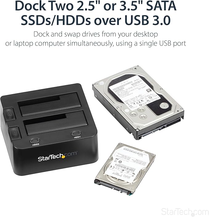 StarTech.com Dual-Bay USB 3.0 To SATA Hard Drive Docking Station, USB Hard Drive Dock, External 2.5/3.5" SATA I/II/III, SSD/HDD Docking Station, Hot-Swap Hard Drive Bay, Top-Loading (SDOCK2U33),Black