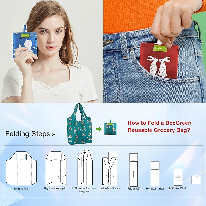 BeeGreen Reusable Grocery Bags 6 Pack, Heavy Duty Totes for Women, Foldable Grocery Bag Large Shopping Totes with Handles for Work, Travel, Gift, Store, Polyester Washable Reusable Tote Bag