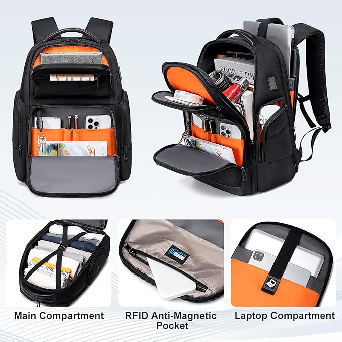 FENRUIEN Business Travel Backpack for Men,Large Capacity Laptop Backpack with USB Charging Port,Multifunctional Water Resistant Expandable Black Bag Fits 15.6 Inch computer