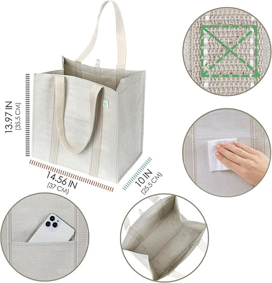 VENO 4 Pack Reusable Grocery Bags, Heavy-Duty Shopping Bags with Handles, Bags for Shopping Cart with Hard Bottom to Stand Upright, Foldable, Multi-Purpose, Sustainable (Beige, 4 Pack)