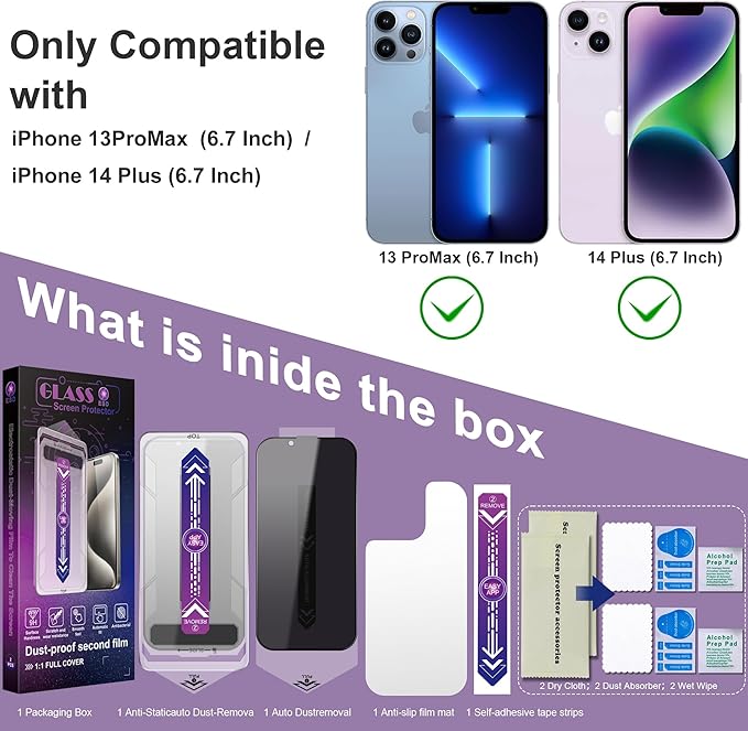 2 Pack Privacy Screen Protector for iPhone 13 Pro Max/iPhon 14 Plus, 9H Tempered Glass, Full Coverage, Anti-Fingerprint, Auto Dust-Elimination, No Bubble, Easy Installation