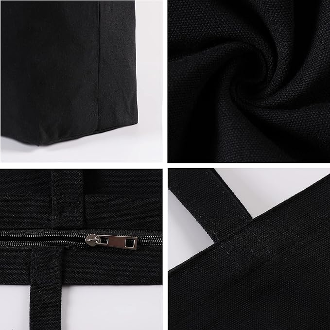 Koolmox Zippered Black Canvas Totes, 6-Pack 13.5x13.5'' Heavy Duty Natural Canvas Tote Bags with Handles, Reusable Grocery Bags for Crafting, Vinyl Print, Paint, Embroidery, Shopping, Book Bag