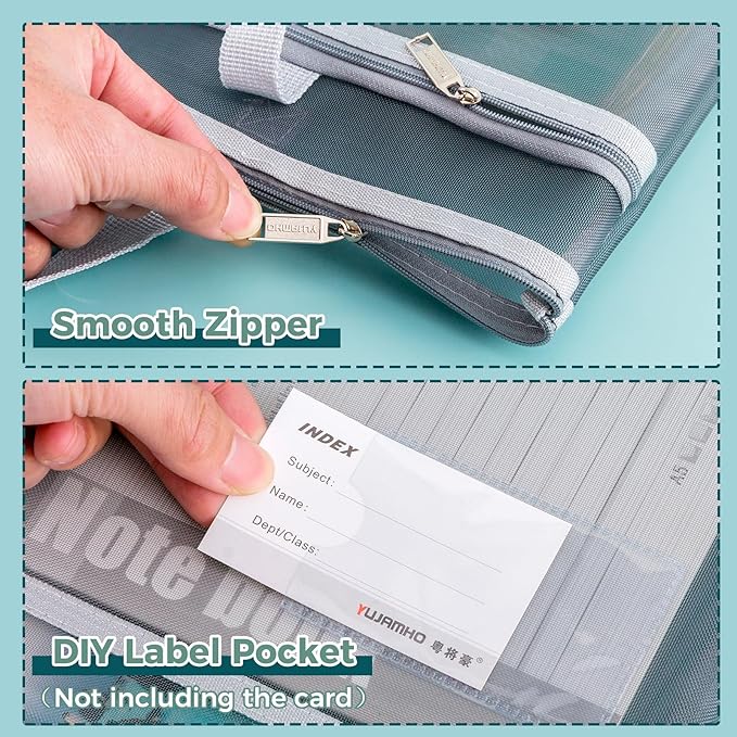 Pendancy Mesh Zipper Pouch A4 Size, Large Double Pocket Lightweight Nylon Transparent File Bag with Handle, 11x13.8 in Foldable Document Storage for Puzzle Project/Cross Stitch/Travel/Office (Gray)