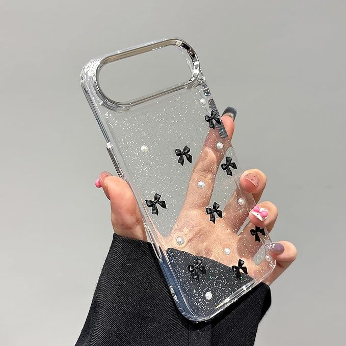 EYZUTAK Case for iPhone Air, Bling Glitter 3D Bowknot Phone Case Cute Sparkly Crystal Clear Bow Aesthetic Design Cover Slim Soft Durable TPU Transparent Protective Cover for Women Girl - Black Bow