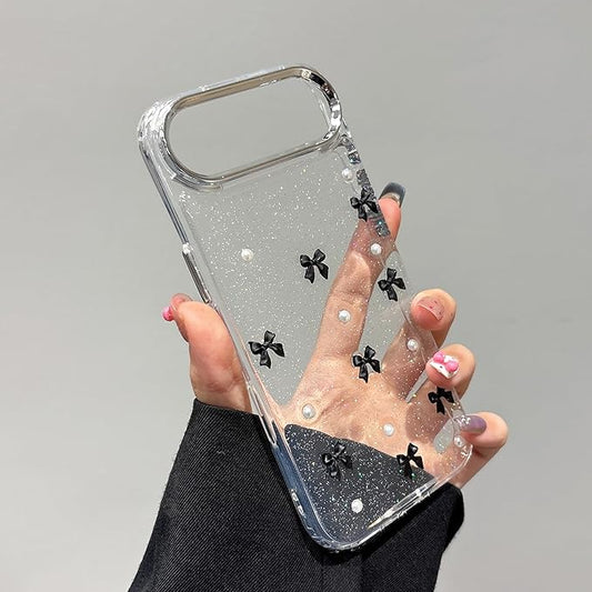 EYZUTAK Case for iPhone Air, Bling Glitter 3D Bowknot Phone Case Cute Sparkly Crystal Clear Bow Aesthetic Design Cover Slim Soft Durable TPU Transparent Protective Cover for Women Girl - Black Bow