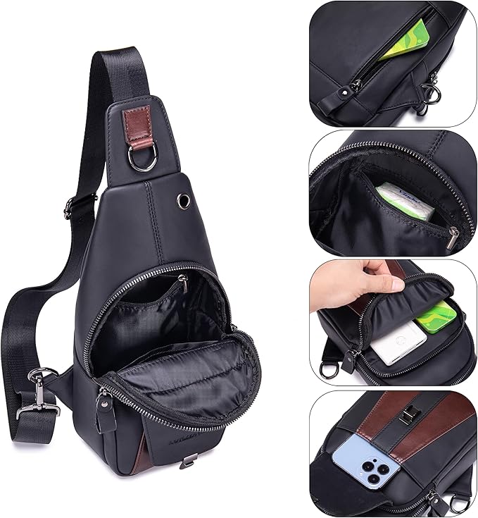 LUKZIJAES Genuine Leather Sling Bag for Men Vintage Crossbody Bag Men Chest Pack Mens Cross Shoulder Bags Hiking Daypacks Travel Backpack (#2-Black)