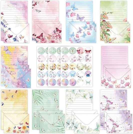160 Pcs Stationery Paper Envelopes Set Includes 50 Lined Writing Paper & 50 Envelopes with 60 Colorful Round Dot Stickers, Cute Vintage Butterfly Letter Writing and Stationery Paper Envelopes(10Style)