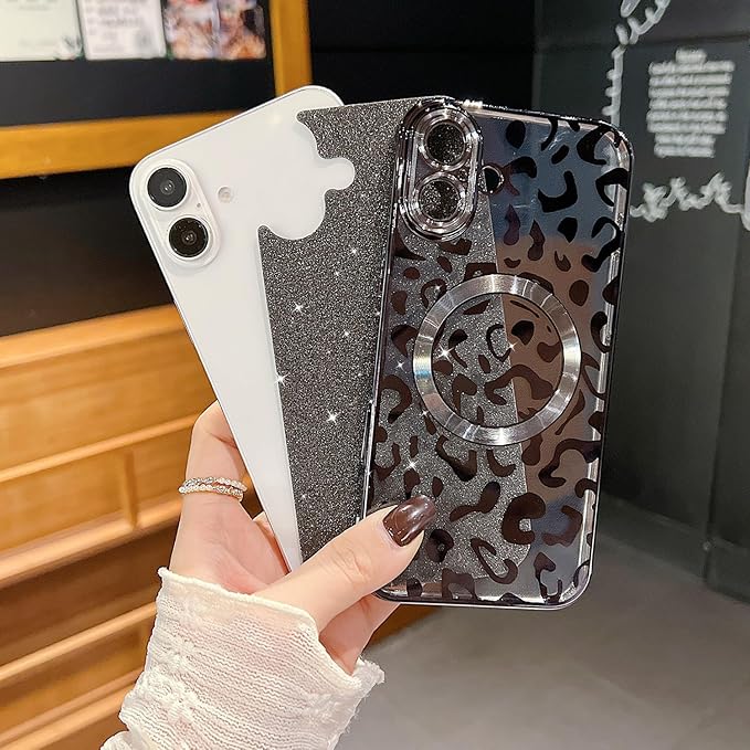 for iPhone 16 Case Magnetic,Soft Cute Luxury Leopard Cheetah Pattern Plating Glitter Bling Phone Case Compatible with MagSafe Clear Shockproof Back Cover for Women Girl 6.1"-Black