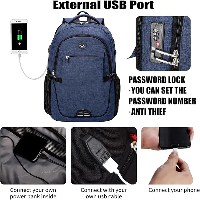 SHRRADOO Anti Theft Laptop Backpack Travel Backpacks with usb Charging Port for Women Men High School College Backpack Computer Bag Fits 17 Inch Laptop,Royal Blue