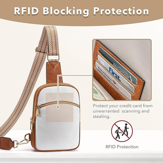 Yarnic Anti Theft Small Sling Bag for Women Men, RFID Cross body Purses Vegan Pu Leather Chest Bag with Adjustable Strap Handbag for Travel Work (White+Brown)