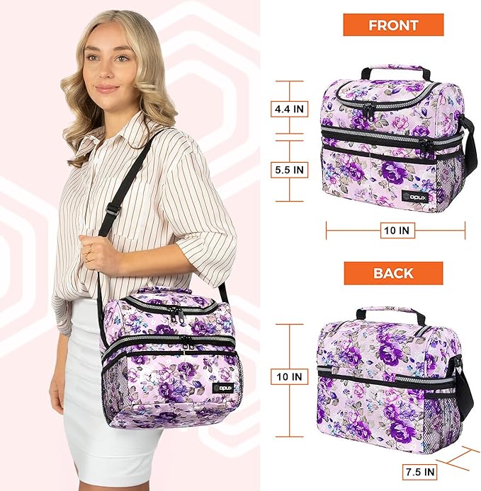 Opux Lunch Box For Women - Large Dual Compartment Insulated Lunch Bag, 10x7.5x10 Inches, Floral Purple