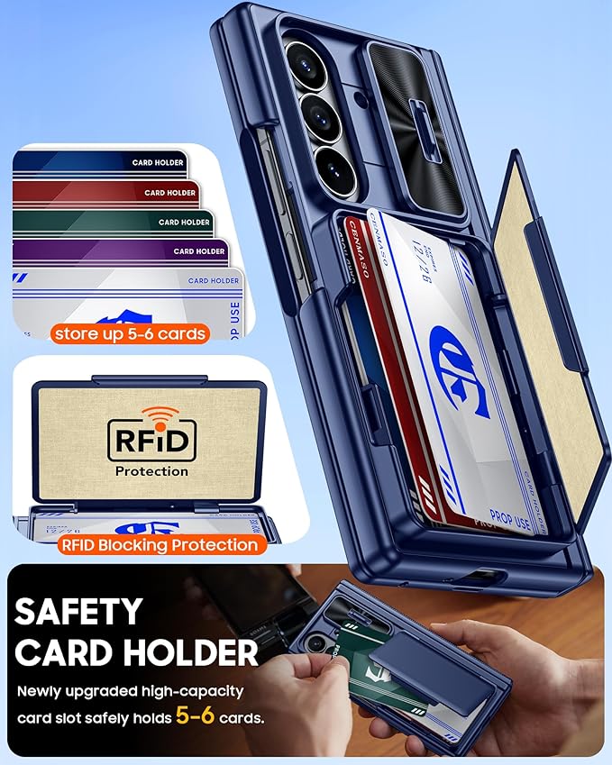 CENMASO for Samsung Galaxy Z Fold 7 Case with Card Holder [RFID Blocking] Camera Cover, Hinge Protection, Hidden Kickstand, Screen Protector, Slim Shockproof Phone Case for Galaxy Z Fold 7-Blue