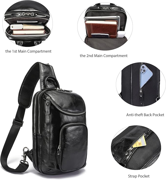 LANNSYNE Vintage Full Grain Leather Sling Bag Crossbody Chest Daypack