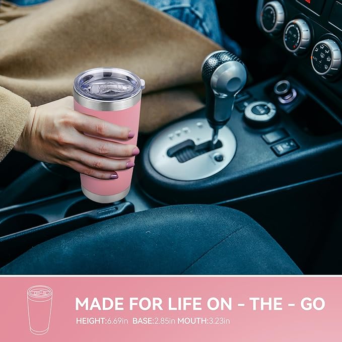 20 oz Tumbler Stainless Steel Tumblers Bulk with Lid Double Wall Insulated Coffee Tumbler Cups for Hot & Cold Drinks Powder Coated Travel Coffee Tumbler Mug Metal (Rose Pink, 1 pack)