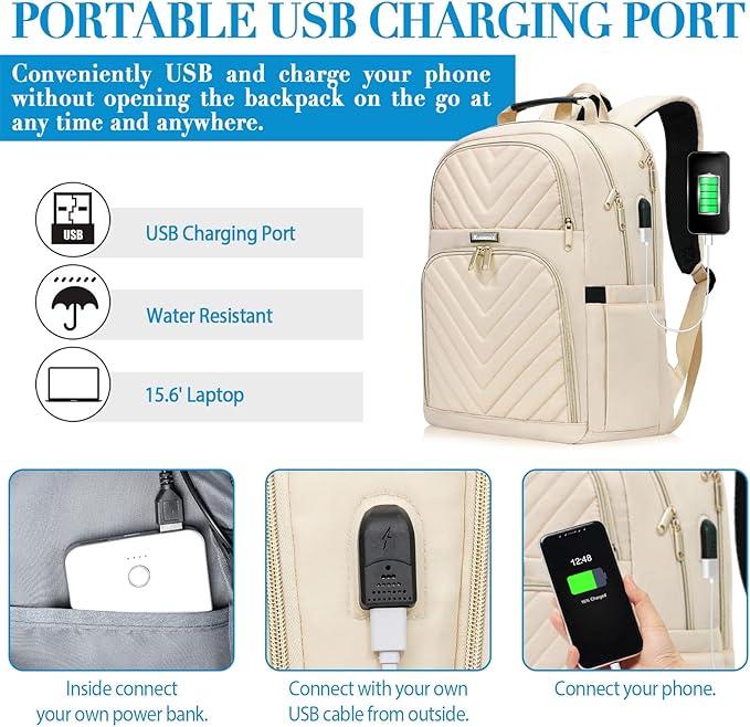 Laptop Backpack for Women, Large School Backpacks for Girls,17.3 Inch Fashion Quilted College Bookbags with USB Charger, Beige Womens Travel Backpack