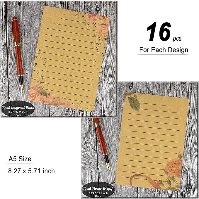 128 Sheets 8 Style Vintage Stationary Paper, 5.7 x 8.3 inch A5 Size 100gsm Kraft Floral Printed Letter Writing Stationery Bulk Set for Personalized Letters, Creative Poems, Lyrics, Notes, etc.