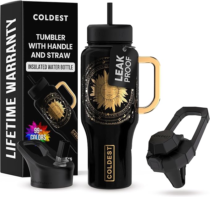 Coldest Tumbler with Handle and Straw - 100% Leak Proof Insulated Tumbler with Lid and Straw (3 Lids) - Stainless Steel Tumblers for Women & Men - Cup Holder Friendly Base, 36 oz (Zen)