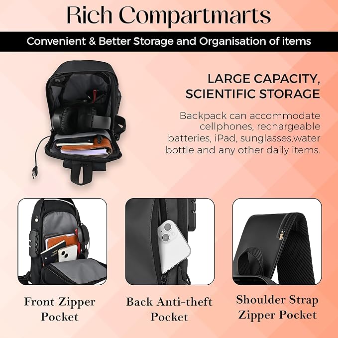 Unisex Anti-Theft Sling Bag with USB Port, Water-Resistant Crossbody Chest Backpack for Travel & Work