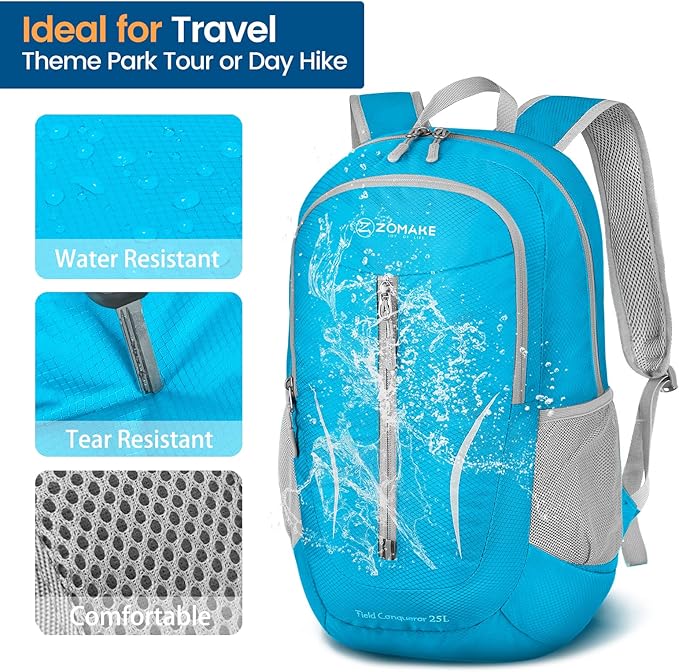 ZOMAKE Ultra Lightweight Packable Backpack 25L, Foldable Hiking Backpacks Water Resistant Small Folding Daypack for Travel(Light Blue)