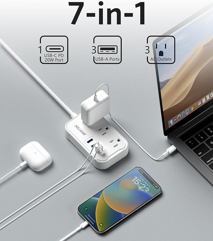 European Travel Plug Adapter - US to Europe Plug Adapter with 3 AC Outlets and 4 USB(1 PD20W) Type E/F - International Travel Adapter for USA to Germany France Iceland Spain, 2.6ft