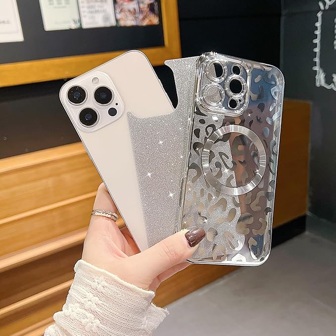 for iPhone 16 Pro Case Magnetic,Soft Cute Luxury Leopard Cheetah Pattern Plating Glitter Bling Phone Case Compatible with MagSafe Clear Shockproof Back Cover for Women Girl 6.3"-Silver