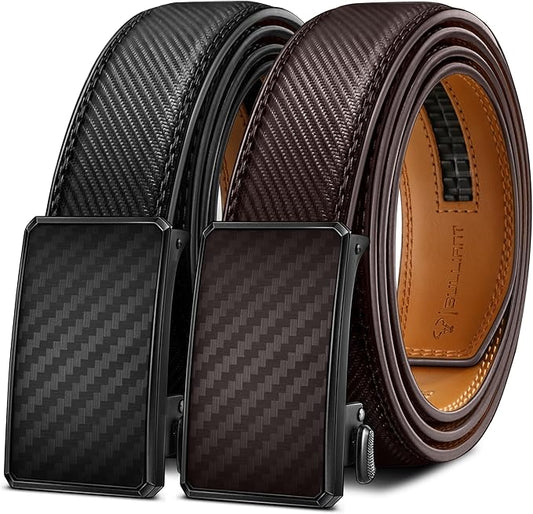 BULLIANT Men Ratchet Belt 2 Pack, Click Sliding Leather Belt Adjustable for Gift Men Dress Casual Jeans 1 3/8,Cut for Fit