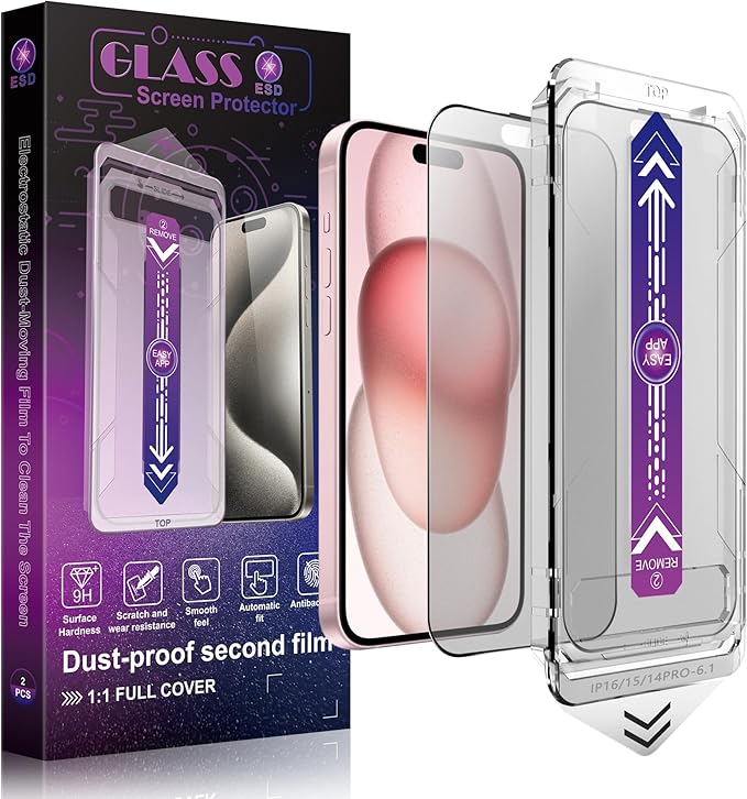 2 Pack Matte Screen Protector for iPhone 16 and 14 Pro 6.1-Inch Auto Dust Removal, No Bubbles, Tempered Glass Film, Easy Installation