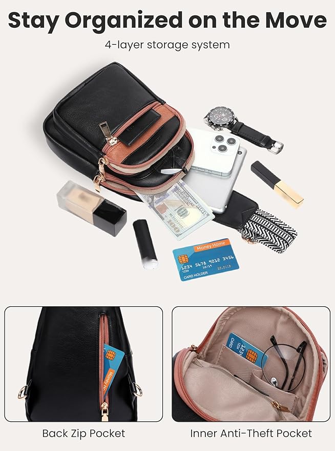 Sling Bag for Women Vegan Leather Fanny Pack Small Crossbody Purse Anti Theft Chest Bag for Travel Black & Brown