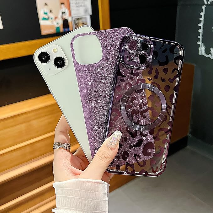 for iPhone 13 Case Magnetic,Soft Cute Luxury Leopard Cheetah Pattern Plating Glitter Bling Phone Case Compatible with MagSafe Clear Shockproof Back Cover for Women Girl 6.1"-Purple