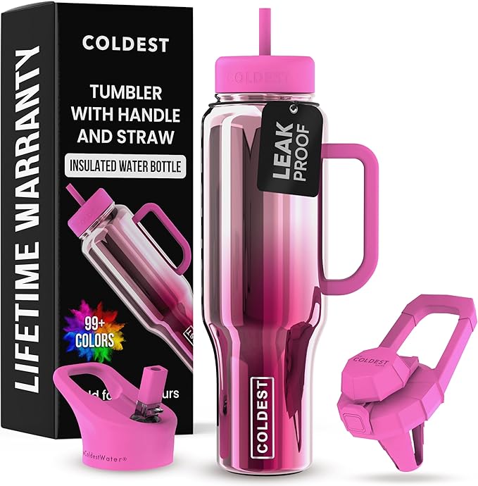 Coldest Tumbler with Handle and Straw - 100% Spill Proof Tumbler with Straw (3 Lids) - Stainless Steel Insulated Leakproof Tumblers for Women & Men - Cup Holder Friendly - 46 oz (Tour De Nova)