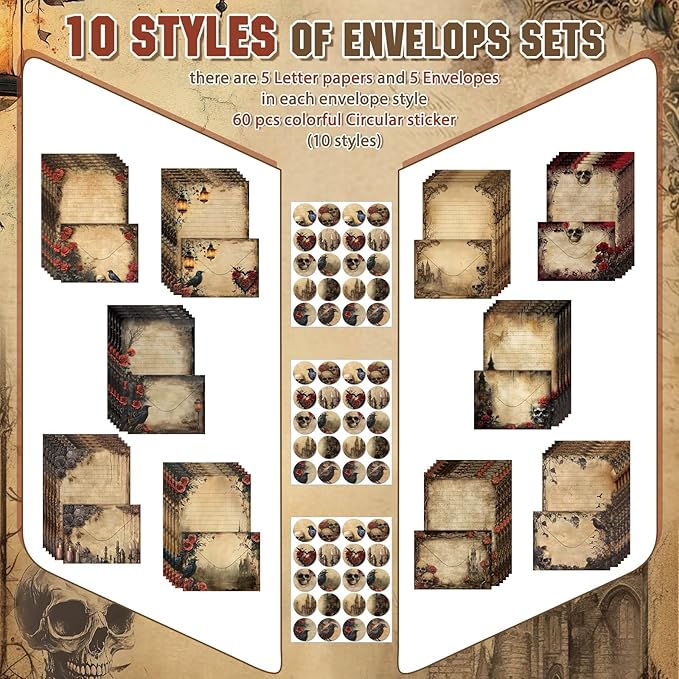 TaoBary 160 Pcs Stationery Paper Set 50 Double Sided Stationery Papers with 50 Matching Envelopes and 60 Round Dot Sticker, 10 Design(Gothic Style,8.25 x 5.5 Inch)