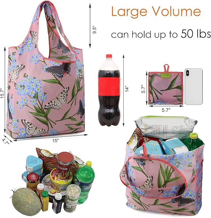 BeeGreen Reusable Gift Bags Floral Reusable Grocery Bags - Large Capacity 6 Pack Bulk Foldable Tote Bag - Recycled Ripstop Polyester Machine Washable Bags With Handles for Women Shopping