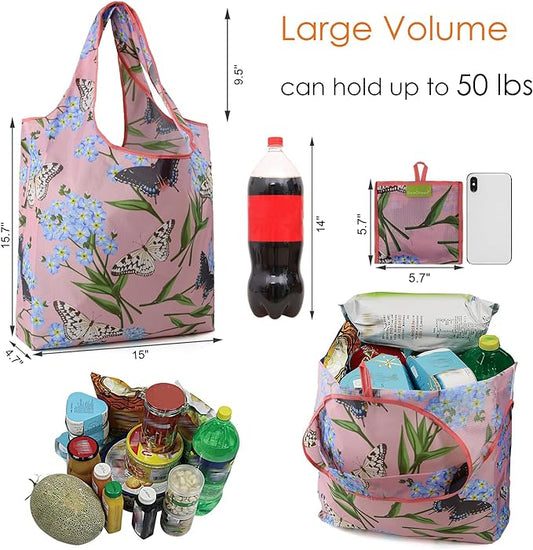 BeeGreen Reusable Gift Bags Floral Reusable Grocery Bags - Large Capacity 6 Pack Bulk Foldable Tote Bag - Recycled Ripstop Polyester Machine Washable Bags With Handles for Women Shopping