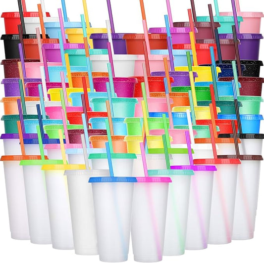Honeydak 100 Pack Tumbler with Straw and Lid Bulk Glitter Plastic Cups Water Bottle Iced Coffee Travel Mug Reusable Party Favor Cups for Birthdays travel 24-27 oz (Mixed Color)